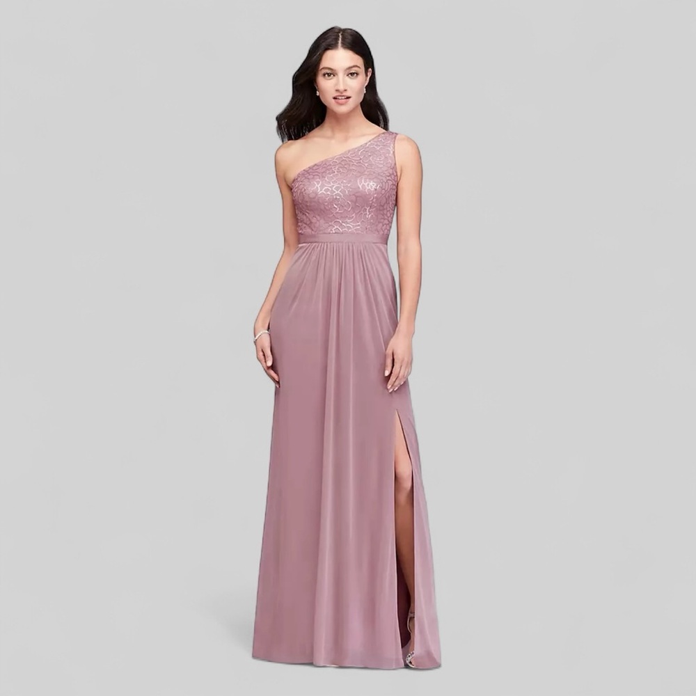 David's Bridal Women’s Rose Gold One-Shoulder Floral Print Bridesmaid Dress